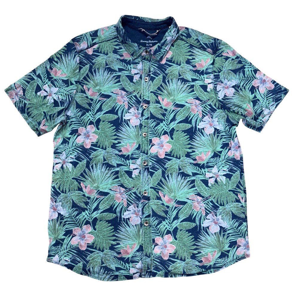 Tommy Bahama Mens XL Blue Tropical Floral Palm Cotton Shirt Button Front Resort